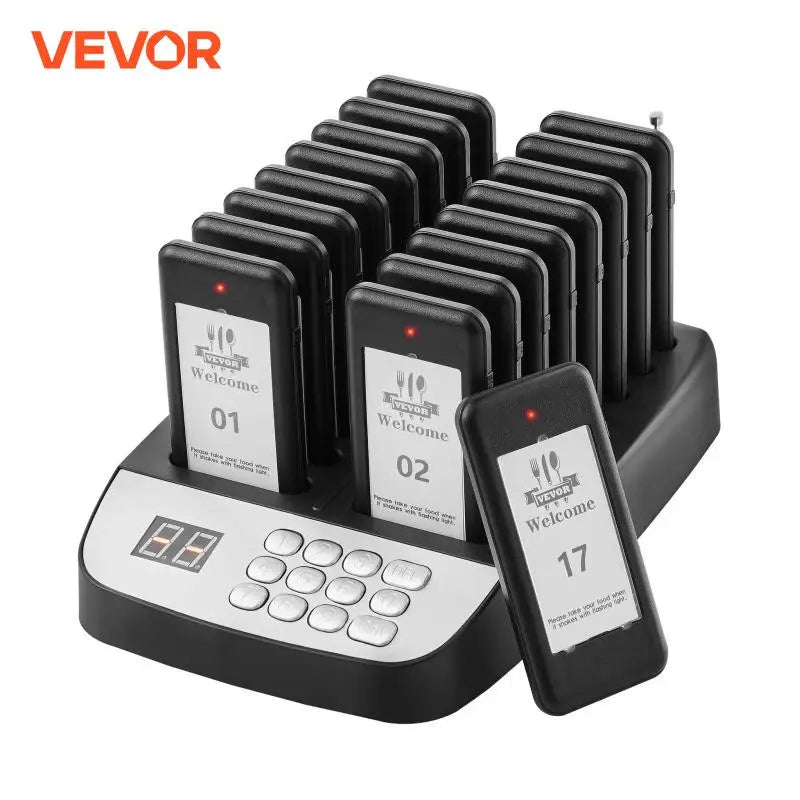 VEVOR 20-Pager Wireless Restaurant Paging System with 3 Alert Modes, 500m Range and Charging Base