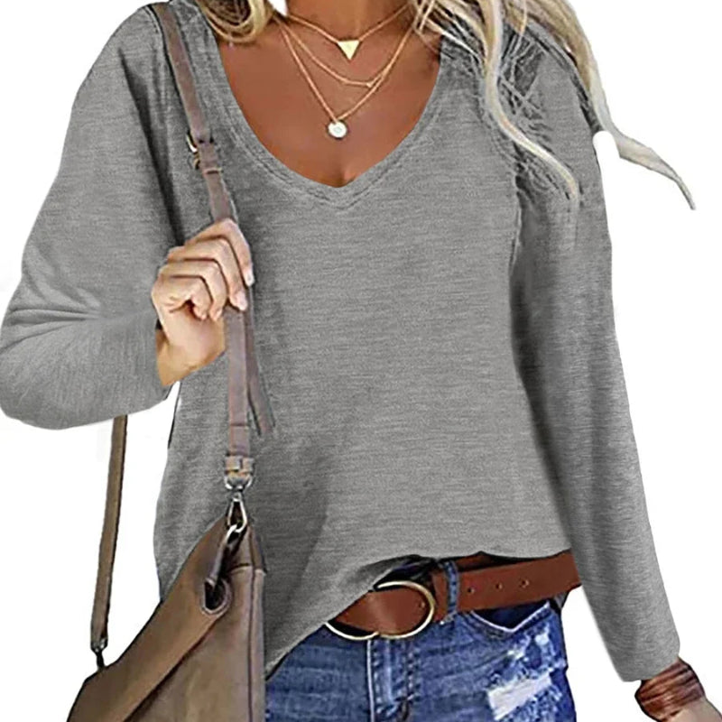 Women's Plus Size V-Neck Long Sleeve T-Shirt – Casual Loose Pullover Top