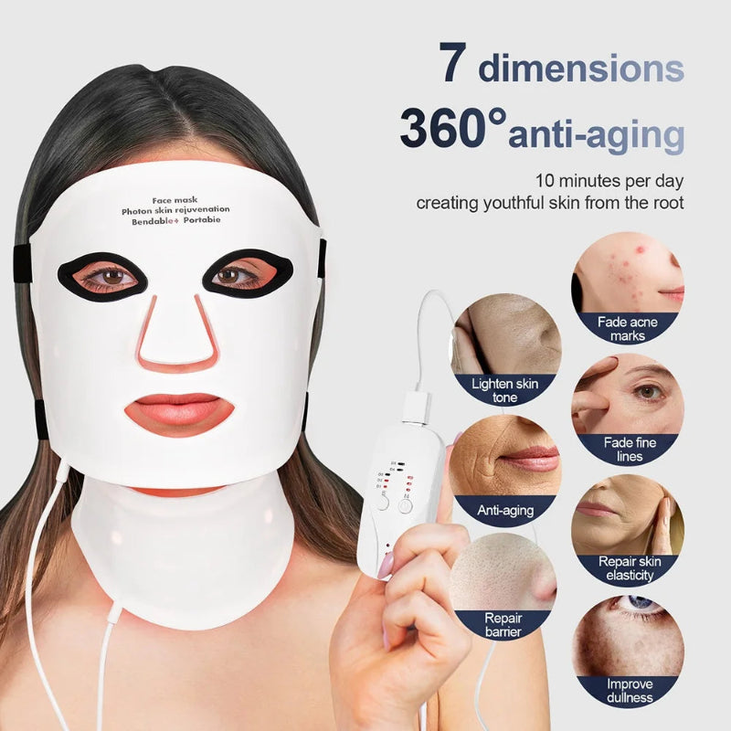 Silicone LED Face & Neck Mask – 7 Color Photon LED Red Light Infrared Therapy Facial Mask for Skin Care