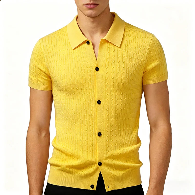 Men’s Textured Knit Short-Sleeve Button-Up Shirt with Turn-Down Collar