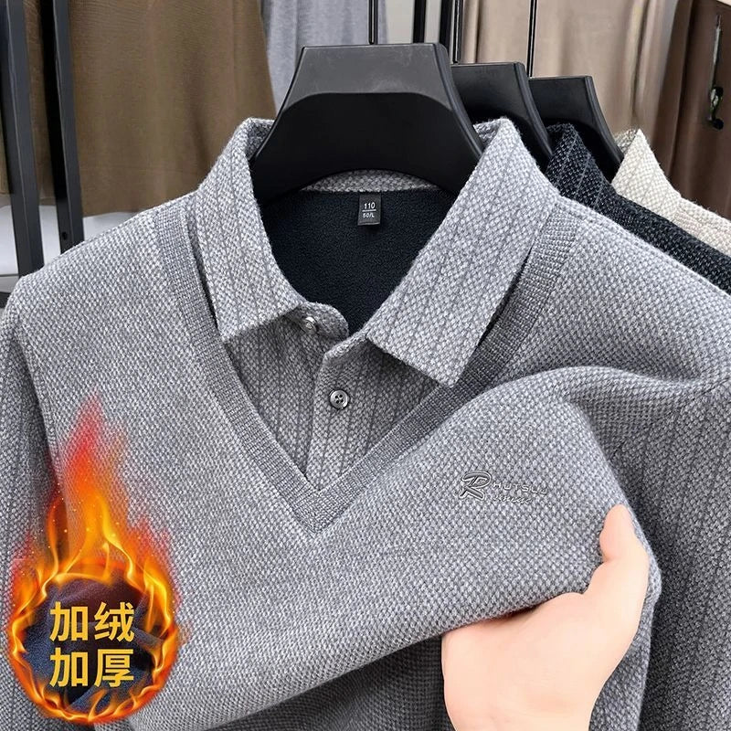 Men's Plush Sweater with Striped Design Button Lapel Fleece Lined Winter Pullover
