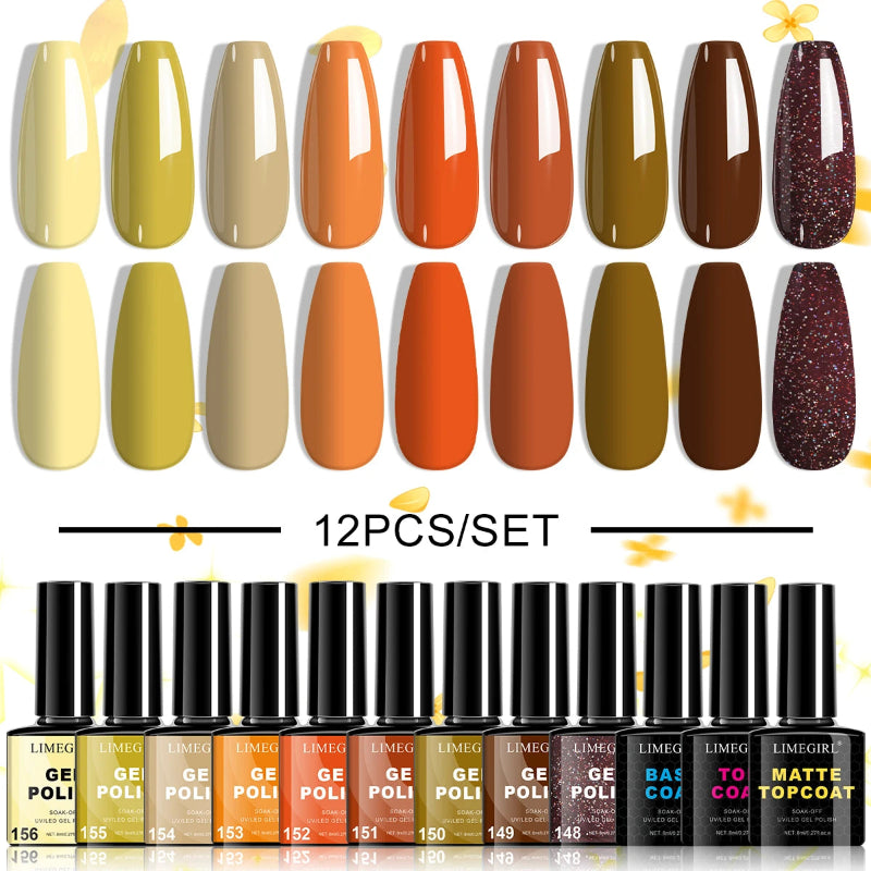 LIMEGIRL 12PCS/SET Gel Polish Nail Color Kit with Base, Top & Matte Coat