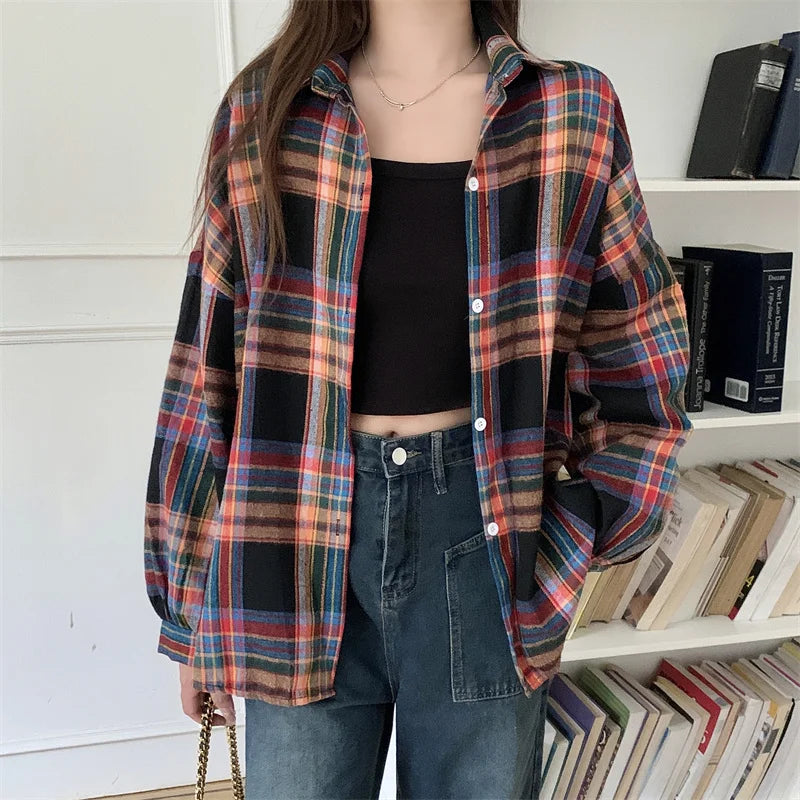 Fictitni Women's Plaid Long Sleeve Button-Front Shirt