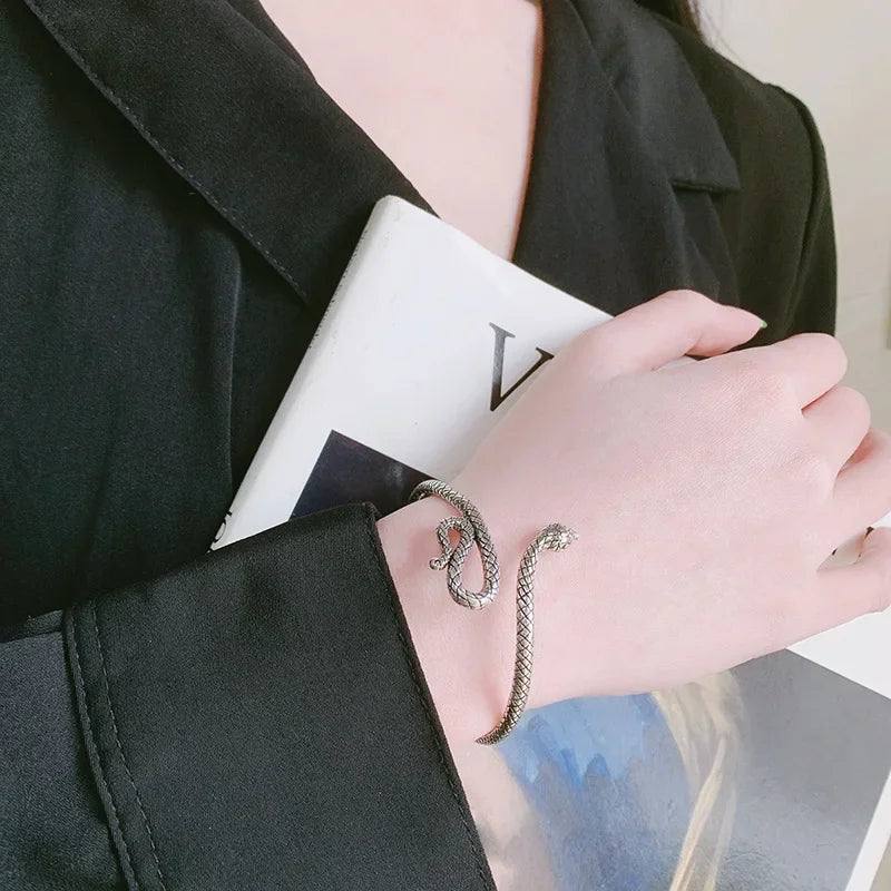 Silver-Tone Snake Cuff Bracelet – Textured Open Bangle Bracelet