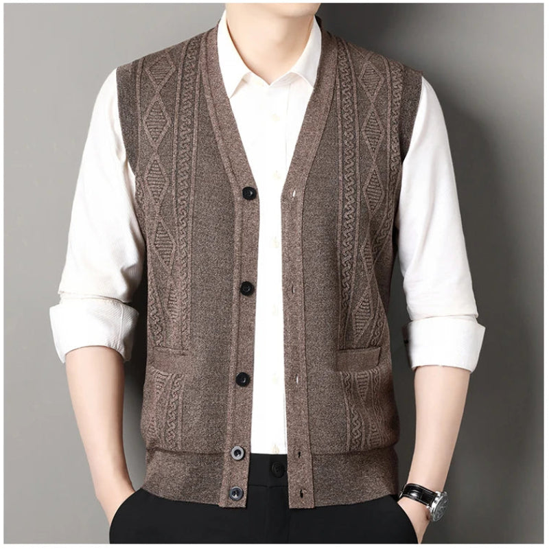 Men’s Knitted V-Neck Button-Up Sweater Vest Cardigan with Pockets