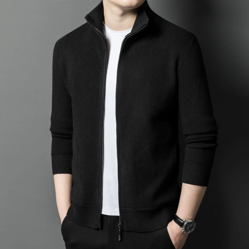 Men’s Solid Color Full-Zip Knit Cardigan Sweater with Stand Collar