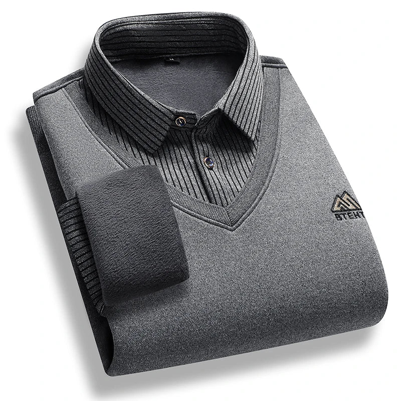 Men's Fleece Lined Polo Collar Pullover Sweater Two Piece Style Winter Casual Top