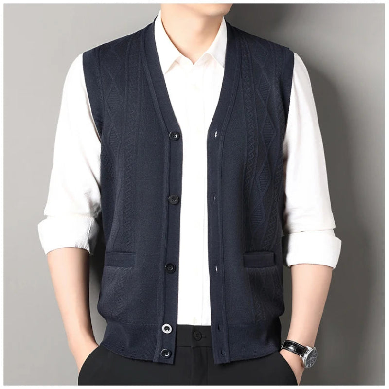 Men’s Knitted V-Neck Button-Up Sweater Vest Cardigan with Pockets