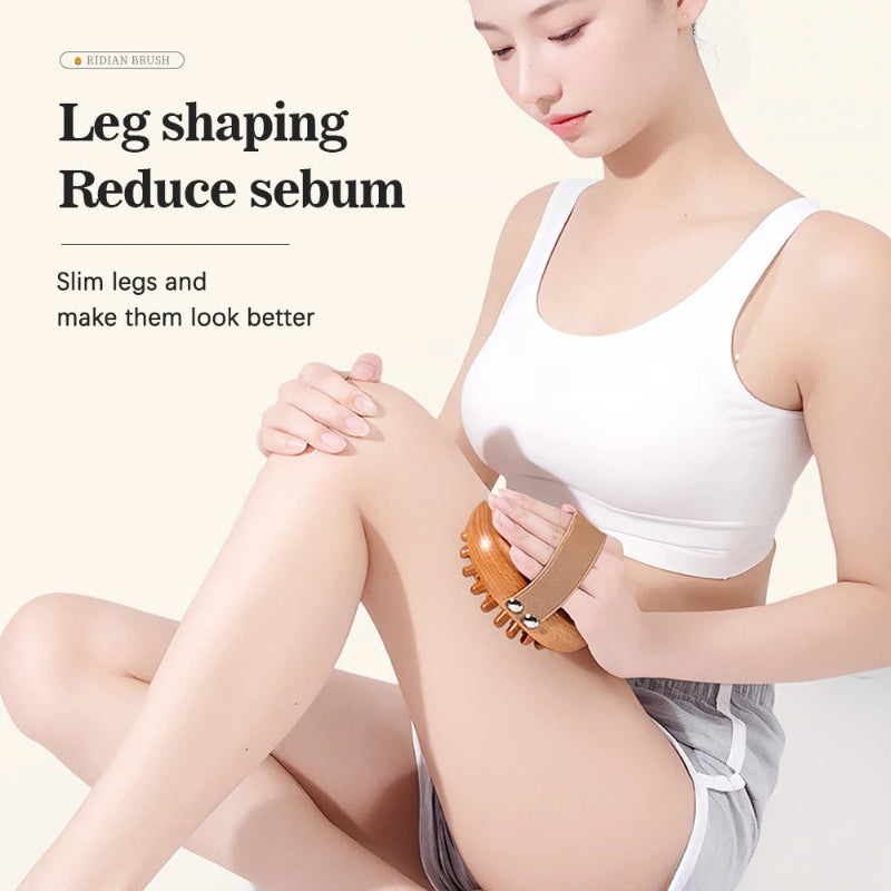 Wooden Body Massage Brush with 28 and 33 Rounded Comb Teeth, Finger Grip Handle & Hand Strap