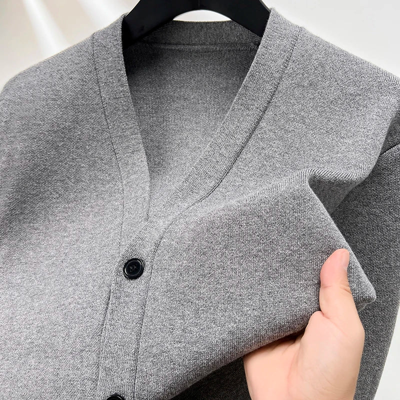Men’s V-Neck Knit Cardigan – Solid Color Double Pocket Autumn Winter Sweater