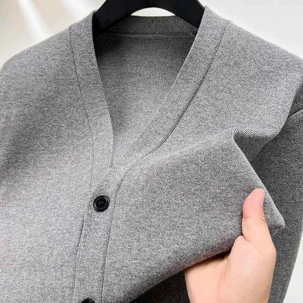 Men’s V-Neck Knit Cardigan – Solid Color Double Pocket Autumn Winter Sweater