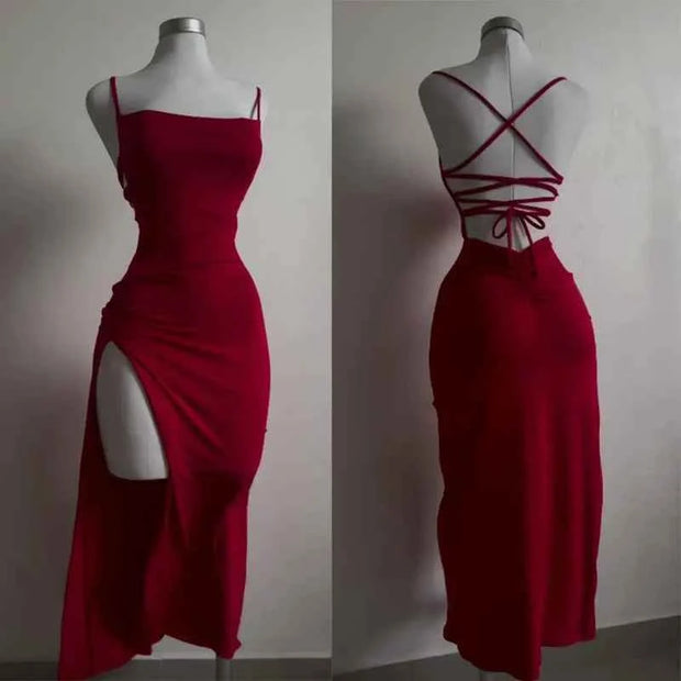Red & Black Slit Back Lace-Up Dresses