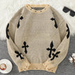 Trendy Distressed Cross Pattern Crew Neck Knit Pullover Sweater