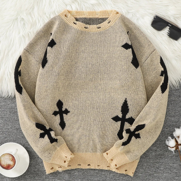 Trendy Distressed Cross Pattern Crew Neck Knit Pullover Sweater