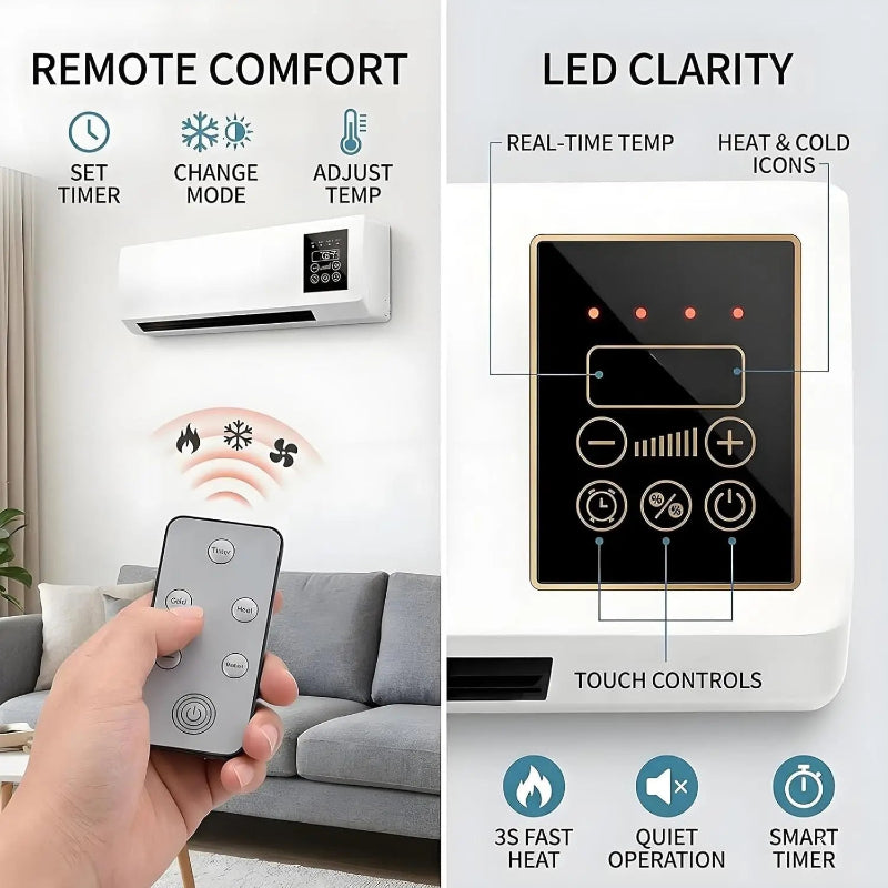 1800W Wall-Mounted Heating & Cooling Fan with Remote Control, LED Display & Touch Controls