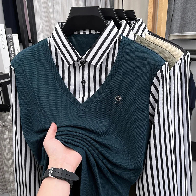 Men’s Business Casual Striped Long Sleeve Shirt with Sweater Vest – Fake Two-Piece Top