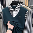 Men’s Business Casual Striped Long Sleeve Shirt with Sweater Vest – Fake Two-Piece Top