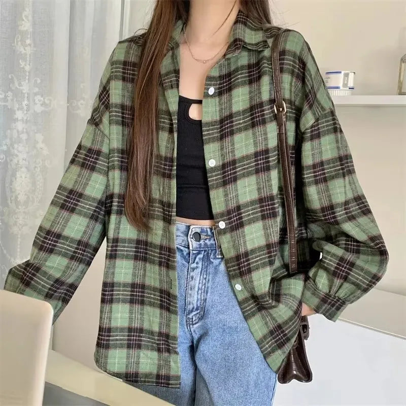 Women's Plaid Button-Up Shirt – Long Sleeve Loose Fit Casual Blouse