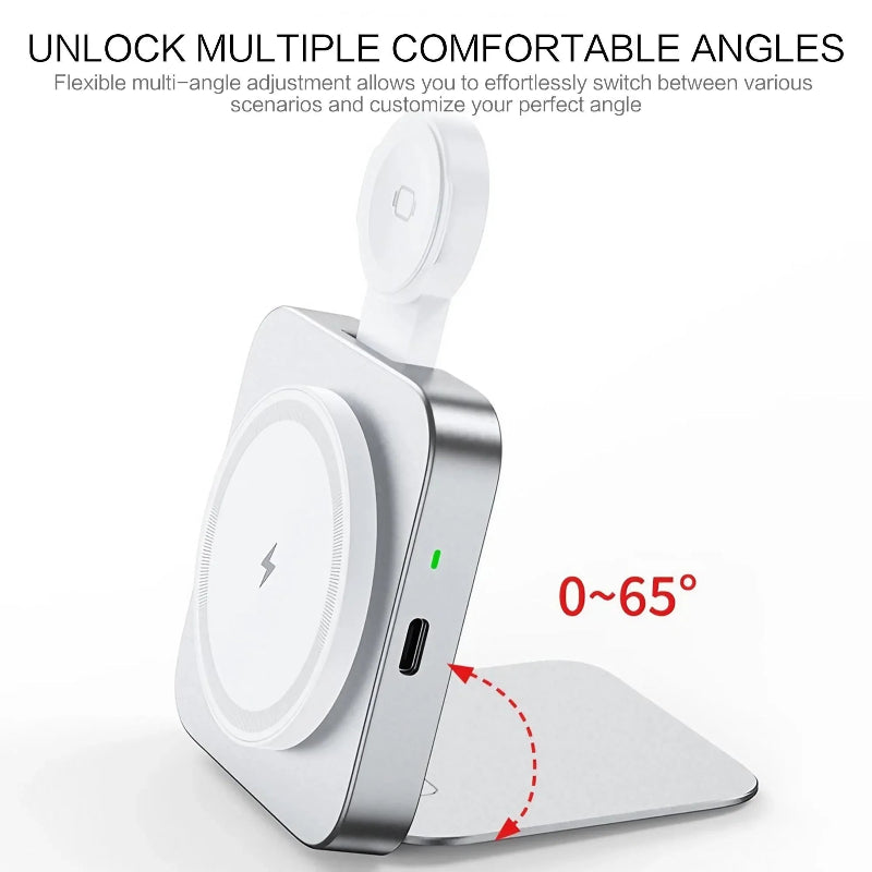15W Magnetic Wireless Charger 2-in-1 – Foldable Fast Charging Phone Stand with Portable Aluminum Design