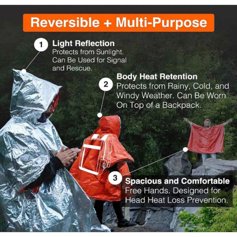 Portable Outdoor Emergency Rain Poncho with Mylar Blanket Liner Thermal Poncho Waterproof Wind Resistant for Camping Emergencies