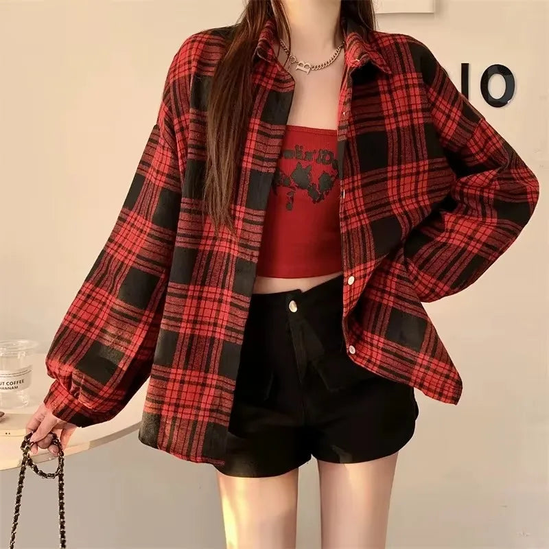 Women's Plaid Button-Up Shirt – Long Sleeve Loose Fit Casual Blouse