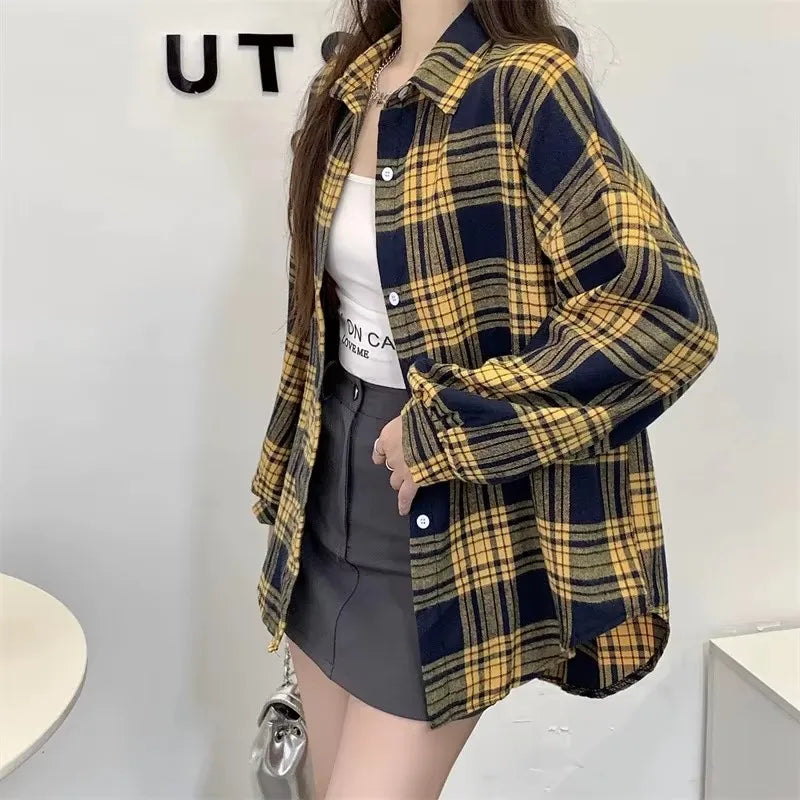 Women's Plaid Button-Up Shirt – Long Sleeve Loose Fit Casual Blouse