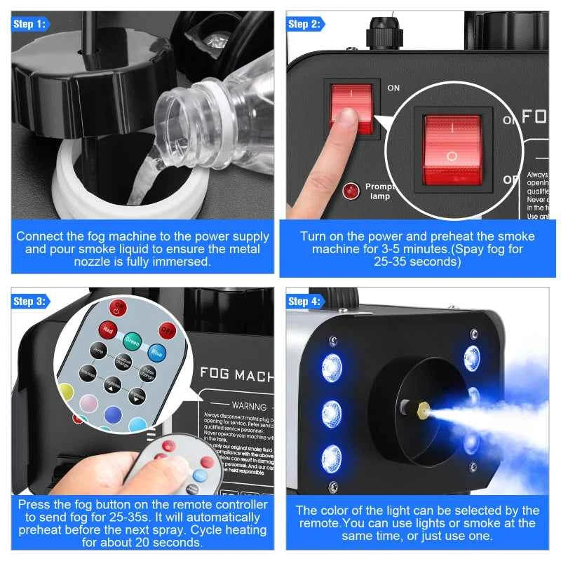 U'King 1200W Fog Machine – 6 LED Colorful Smoke Machine with Remote Control for DJ, Disco, Stage & Party Effects