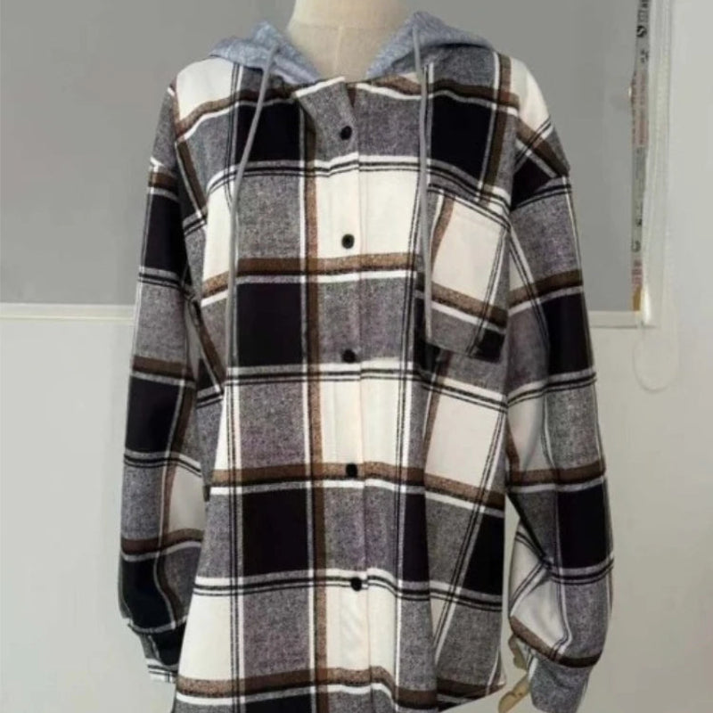 Women's Plaid Hooded Jacket – Long Sleeve Button-Up Casual Coat