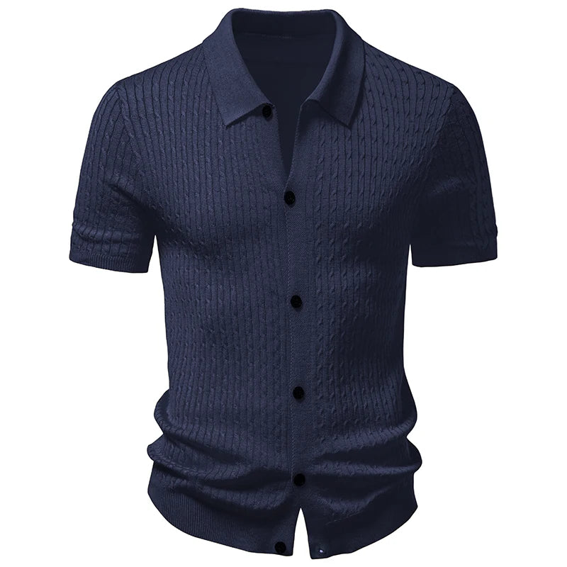 Men’s Textured Knit Short-Sleeve Button-Up Shirt with Turn-Down Collar