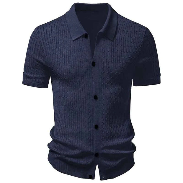 Men’s Textured Knit Short-Sleeve Button-Up Shirt with Turn-Down Collar