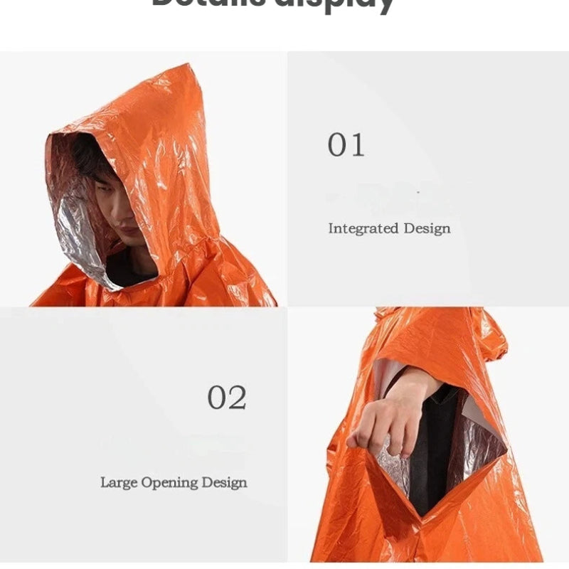 Portable Outdoor Emergency Rain Poncho with Mylar Thermal Liner Waterproof & Wind-Resistant for Camping & Emergencies