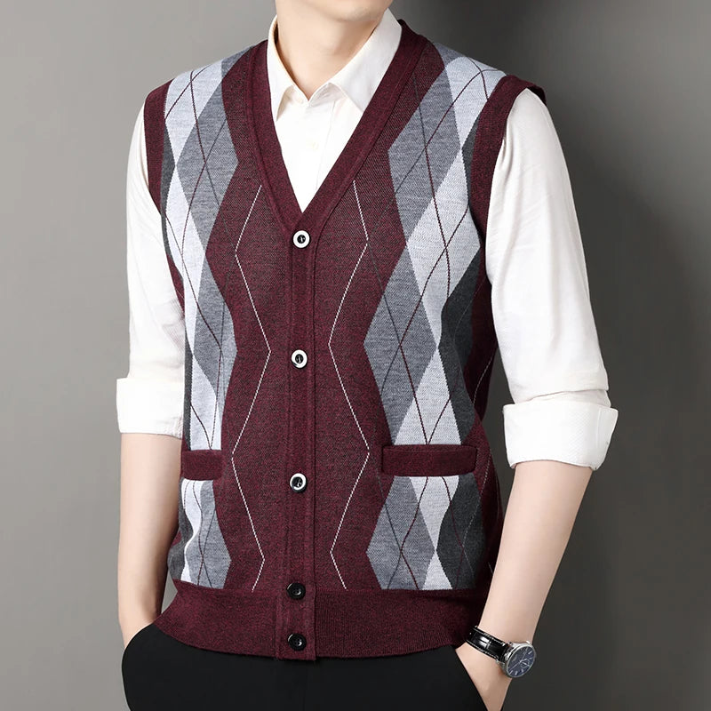 Men’s Knitted V-Neck Button-Up Sweater Vest Cardigan with Pockets