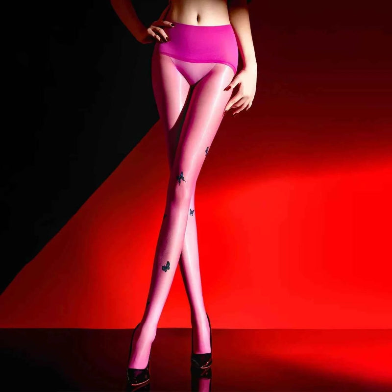 Sexy Women Oil Glossy Shiny Stockings Butterfly Hollow Out Sheer Seamless Shaping Pantyhose Open Crotch Exotic Tights