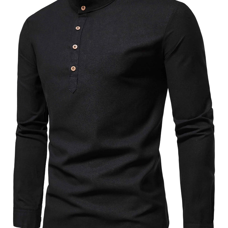Spring and autumn men's pure cotton solid color shirts, elegant long-sleeved stand-up collar shirts, slim-fit men's shirts