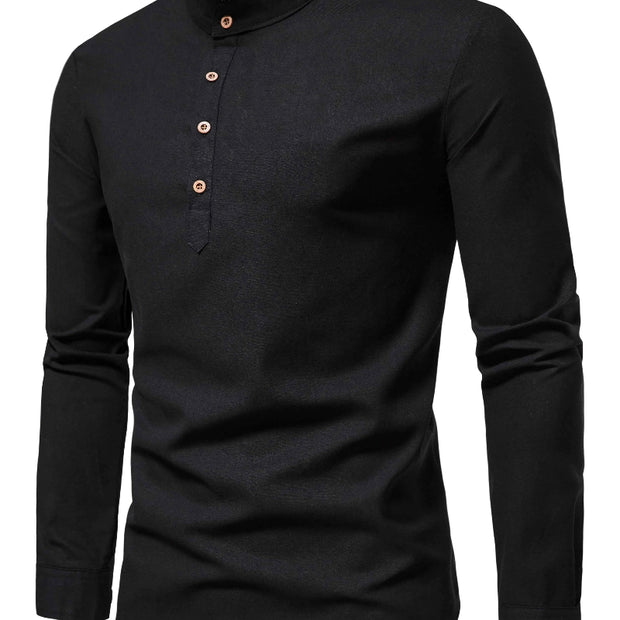 Spring and autumn men's pure cotton solid color shirts, elegant long-sleeved stand-up collar shirts, slim-fit men's shirts