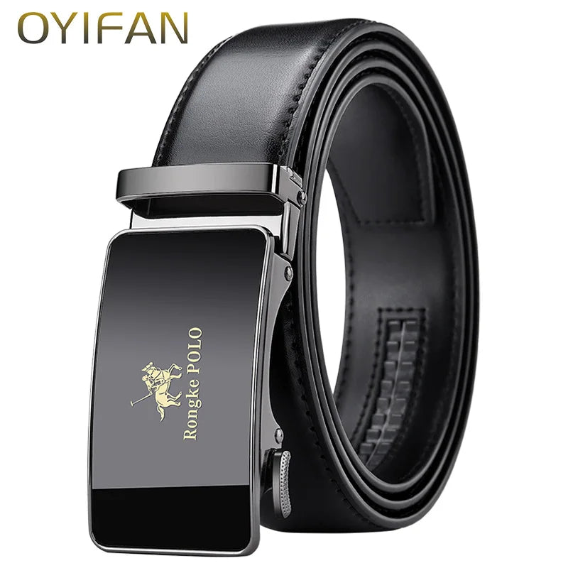 Rongke POLO Luxury Black Leather Belt with Polished Metal Buckle