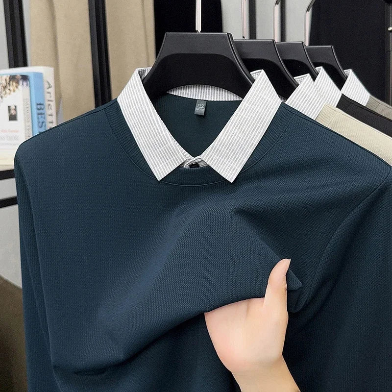 Men's Fake Two-Piece Polo Shirt – Long Sleeve Collar Knit Top Casual Fashion Sweater