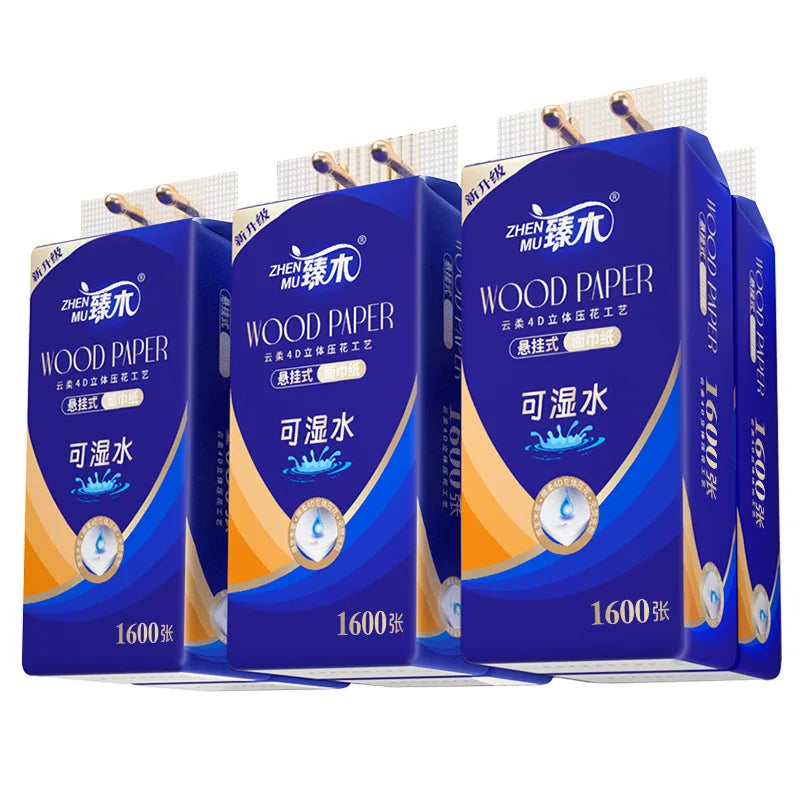 Zhen Mu Wood Paper Hanging Tissue 1600 Sheets – Water-Resistant Cloud Soft 4D Embossed Tissue