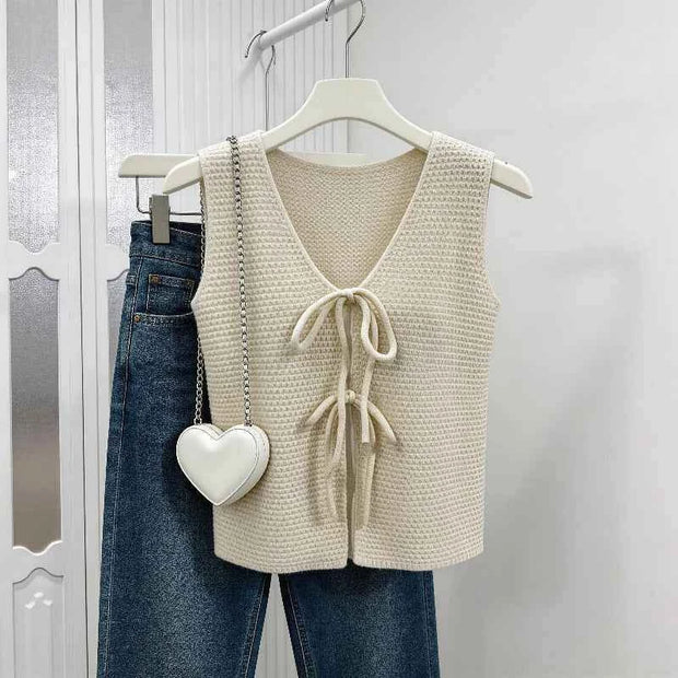 Knitted Tie-Front Vest – Stylish Casual Wear for Women | Beige Color