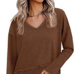 Women's V-Neck Long Sleeve Crop Top – Loose Fit Raw Hem Casual T-Shirt