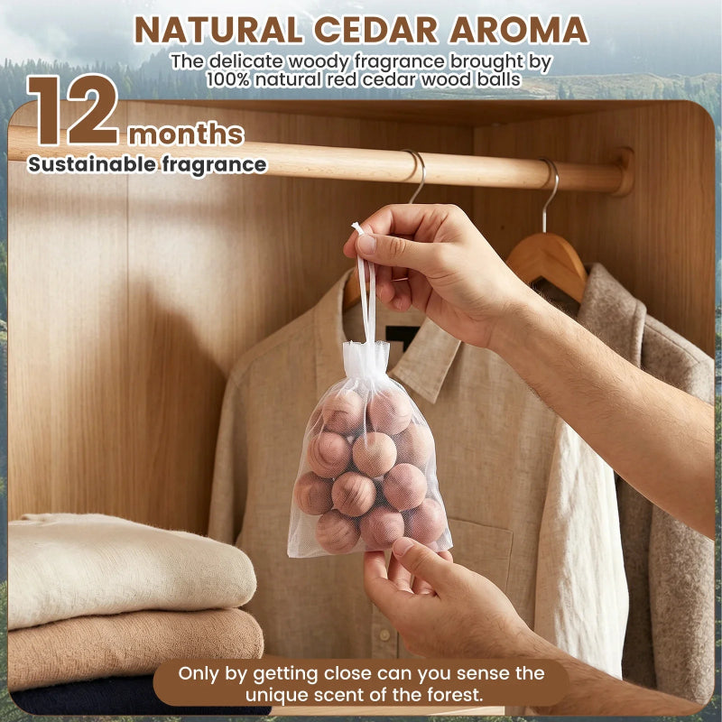 100Pcs Natural Cedar Wood Moth Repellent Balls with 10 Mesh Bags – Camphor Wood Balls for Drawers, Shoe Cabinets & Storage