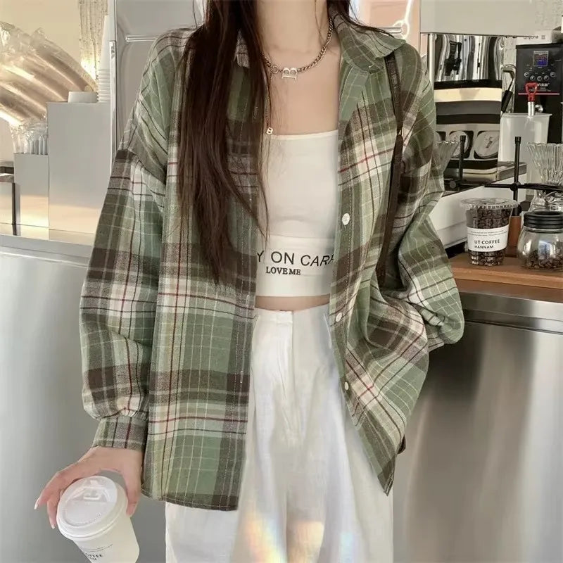 Women's Plaid Button-Up Shirt – Long Sleeve Loose Fit Casual Blouse