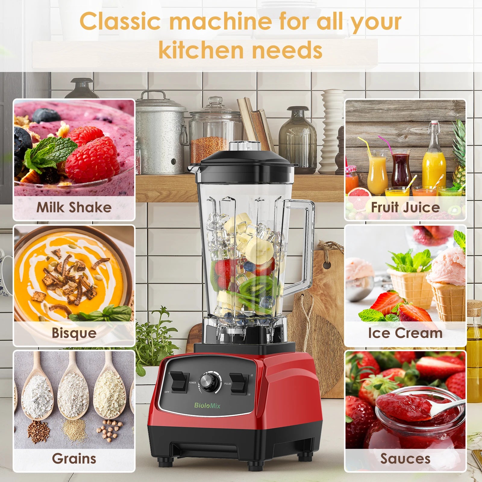 BioloMix 2200W 3HP BPA-Free Commercial Blender with Variable Speed, Pulse Control, Tamper and US Plug – Red