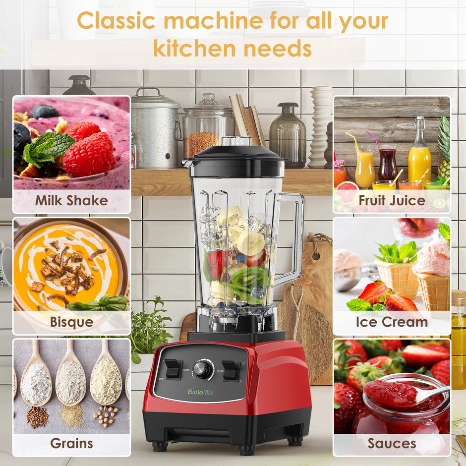 BioloMix 2200W 3HP BPA-Free Commercial Blender with Variable Speed, Pulse Control, Tamper and US Plug – Red