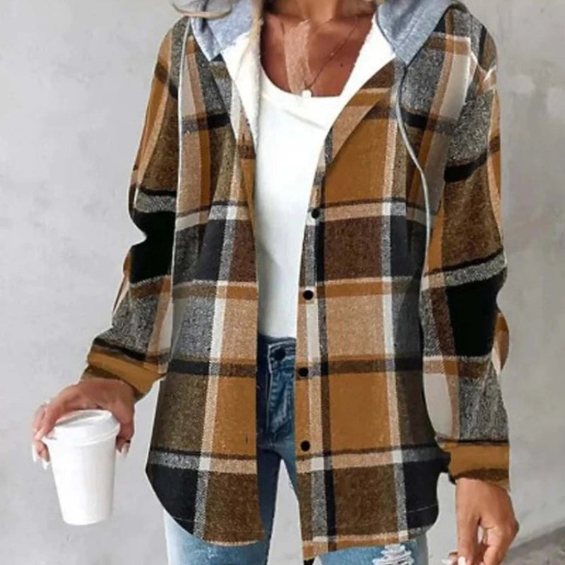 Women's Plaid Hooded Jacket – Long Sleeve Button-Up Casual Coat