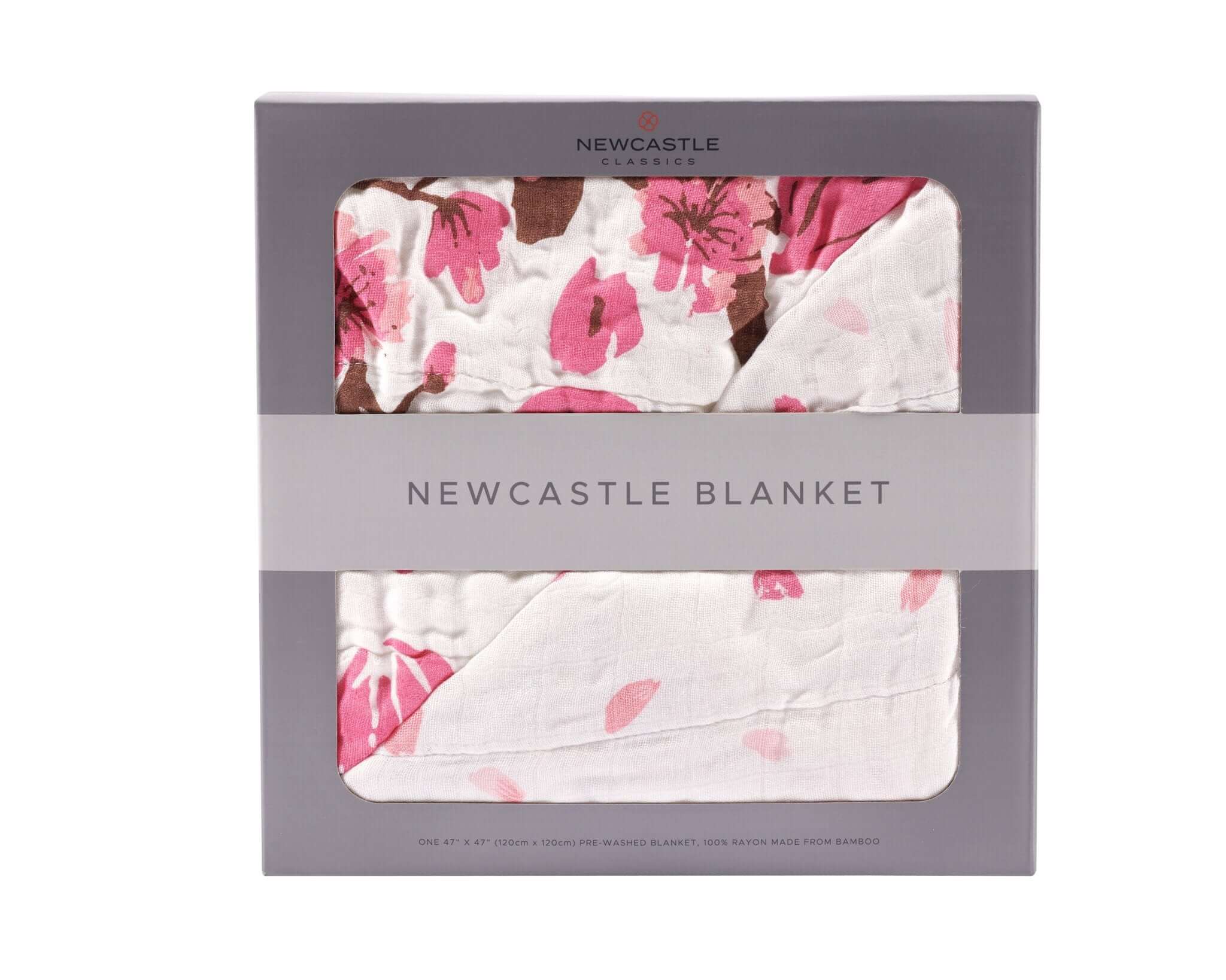 Cherry Blossom Bamboo Muslin Newcastle Blanket in packaging with floral design.
