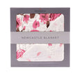 Cherry Blossom Bamboo Muslin Newcastle Blanket in packaging with floral design.