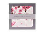 Cherry Blossom Bamboo Muslin Newcastle Blanket in packaging with floral design.