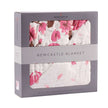 Cherry Blossom Bamboo Muslin Newcastle Blanket packaging with floral design in pink and white.
