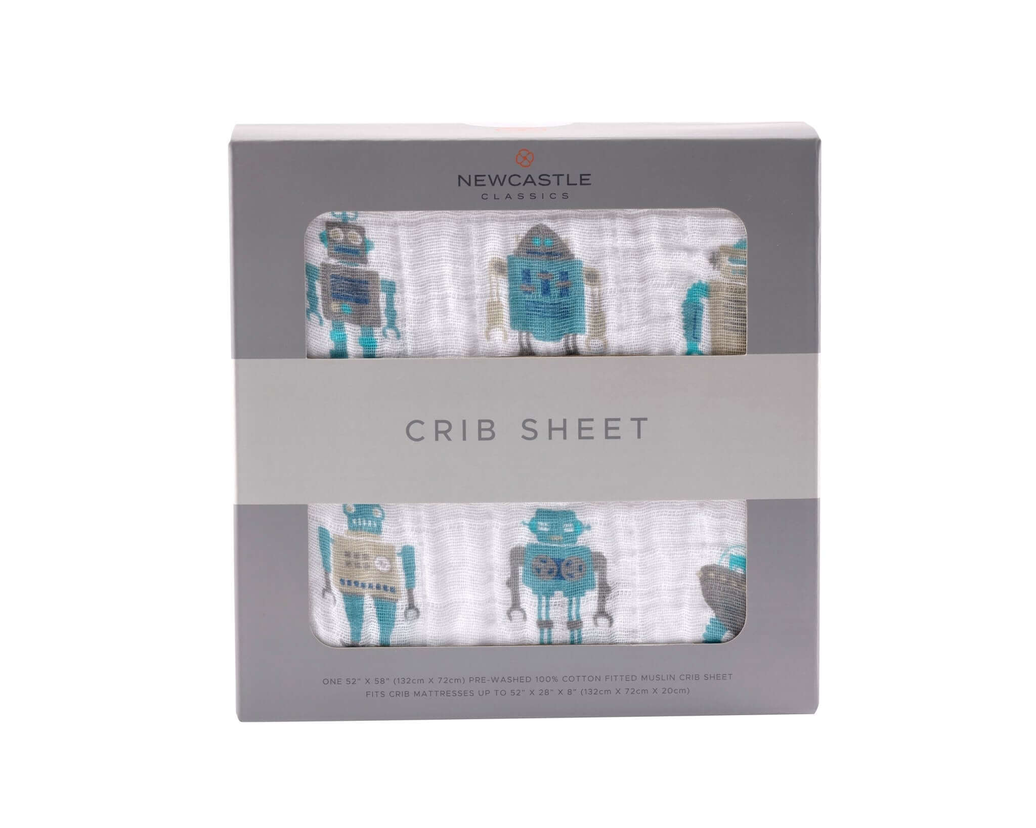 Cotton crib sheet featuring colorful robot design, ideal for a nursery and ensuring comfort for your baby.